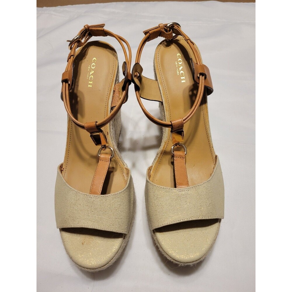 Coach Women's Beige Tan Leather Wedge Sandals Ankle Strap Buckle 9.5 B